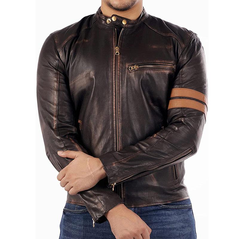 Mens Vintage Distressed Stand Collar Contrast Stitching Leather Jacket 22822210M