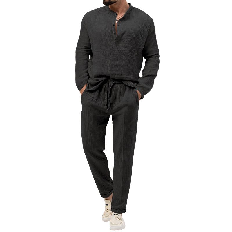 Mens Solid Loose Henley Collar Long Sleeve Shirt Trousers Set 26131708Z