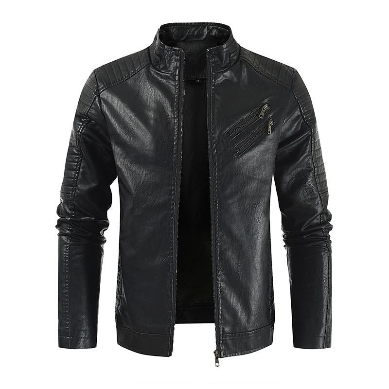 Mens Retro Motorcycle Zip Stand Collar Leather Jacket 56473764Y