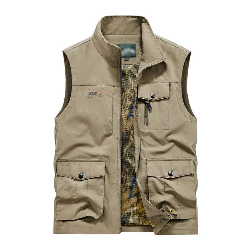 Mens Casual Stand Collar Multi-Pocket Zipper Outdoor Fishing Vest 70087995M
