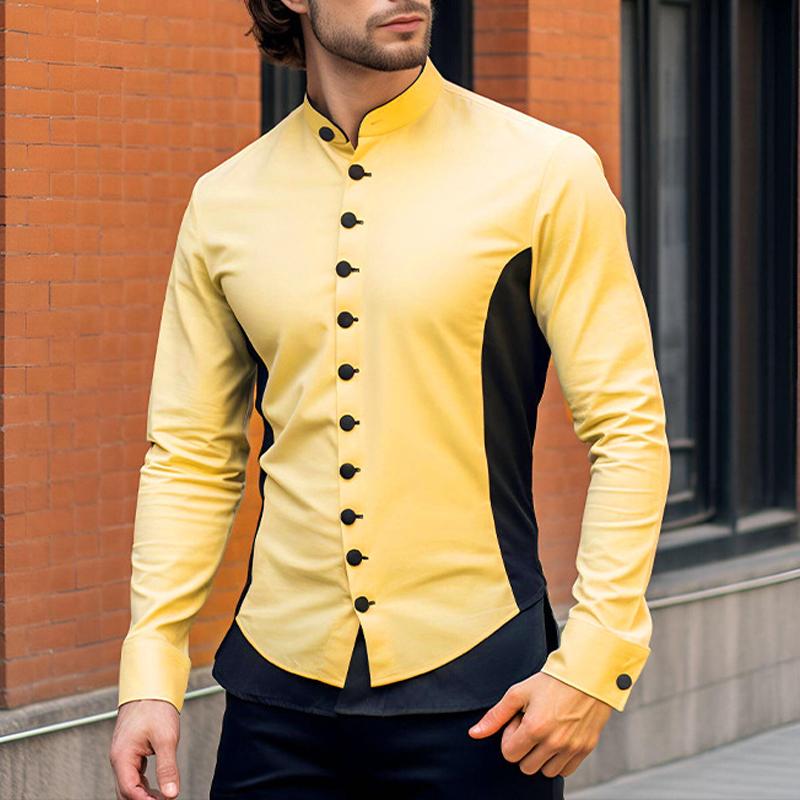 Mens Casual Henley Collar Color Block Long Sleeve Shirt 48534072Y