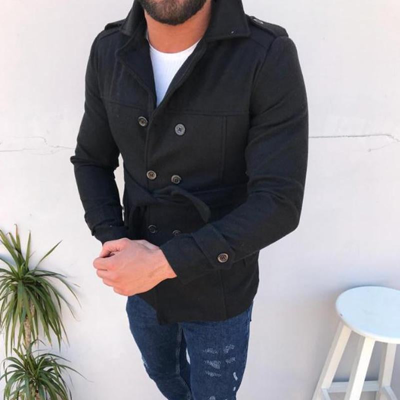 Mens Solid Color Long-sleeved Woolen Double-breasted Trench Coat 70060473X