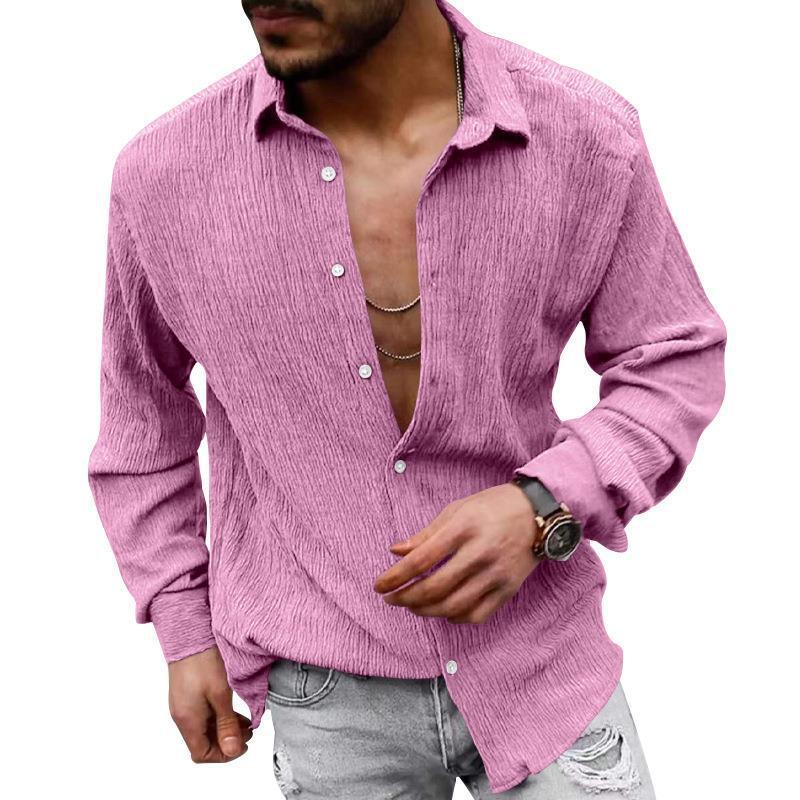 Mens Solid Loose Linen Lapel Long Sleeve Shirt 01526129Z