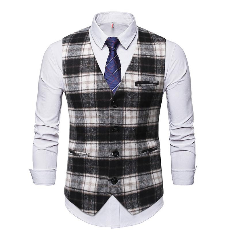 Mens Vintage Plaid Collarless Suit Vest 50235091Y