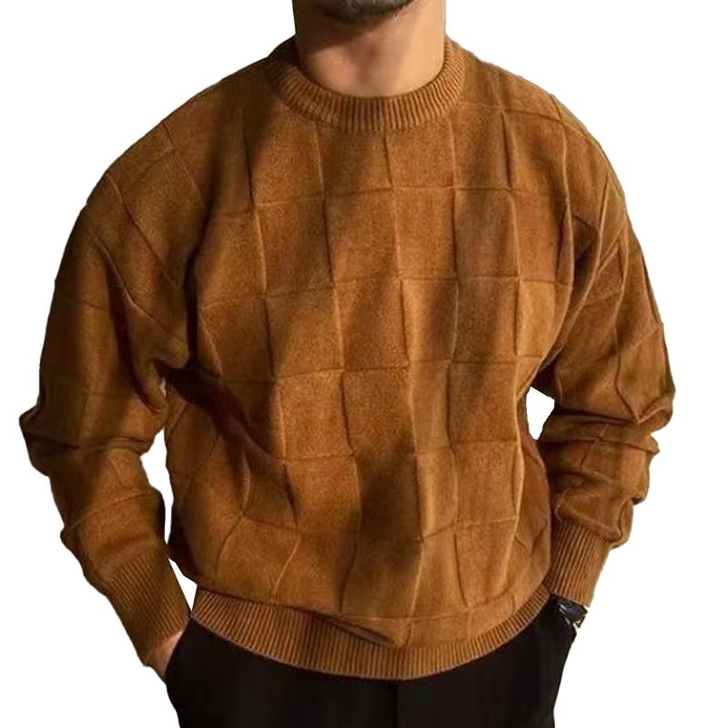 Mens Solid Color Plaid Crew Neck Knitted Sweater 94387043X