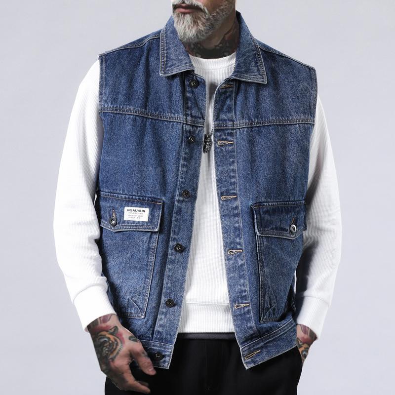 Mens Casual Loose Pocket Sleeveless Denim Vest 70511748Y