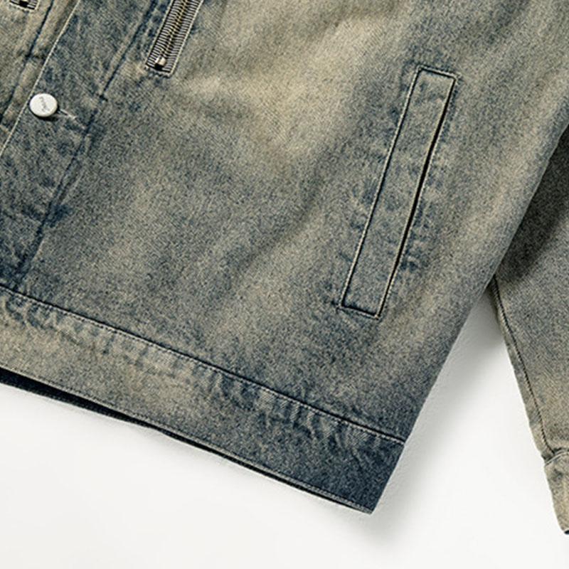 Mens Vintage Distressed Washed Loose Lapel Single-Breasted Denim Jacket 33911061M