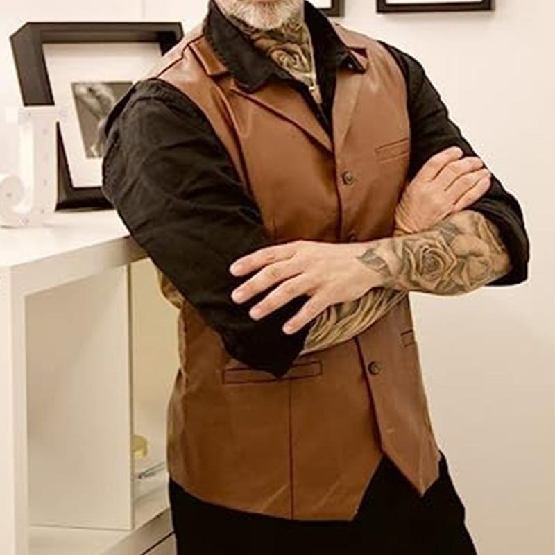 Mens Vintage V Neck Slim Single Breasted Leather Vest 90958464M