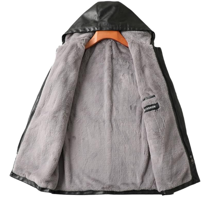 Mens Vintage Warm Mid-Length Hooded Leather Coat 19358996Y