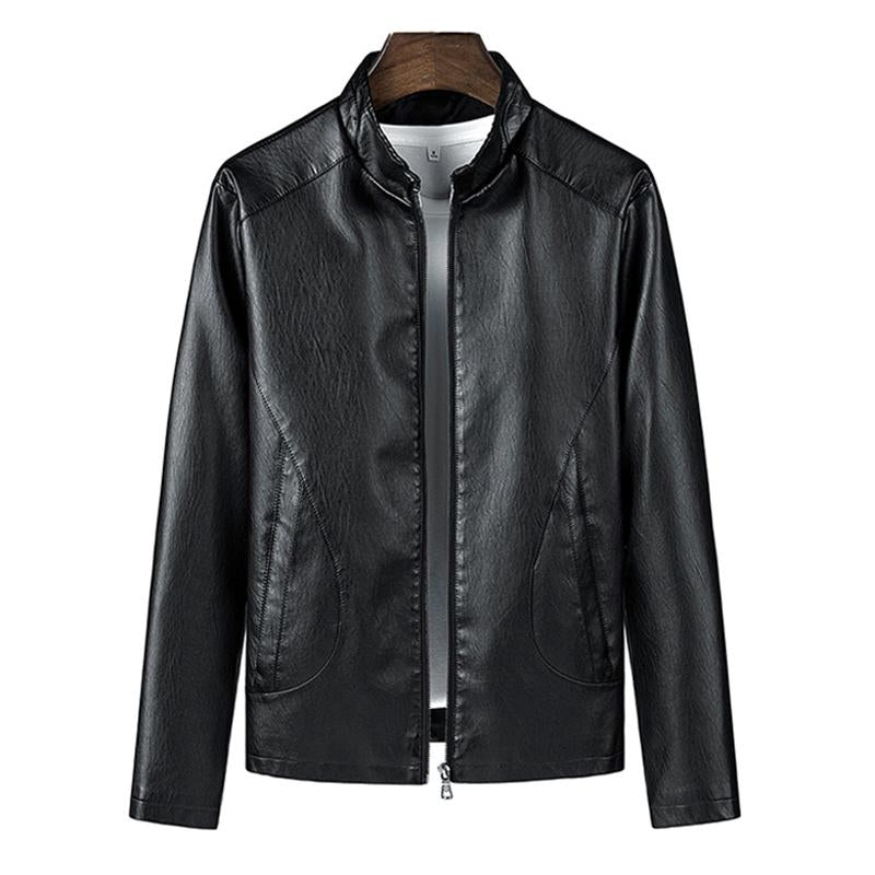 Mens Casual Stand Collar Zipper Slim Leather Jacket 99434666M