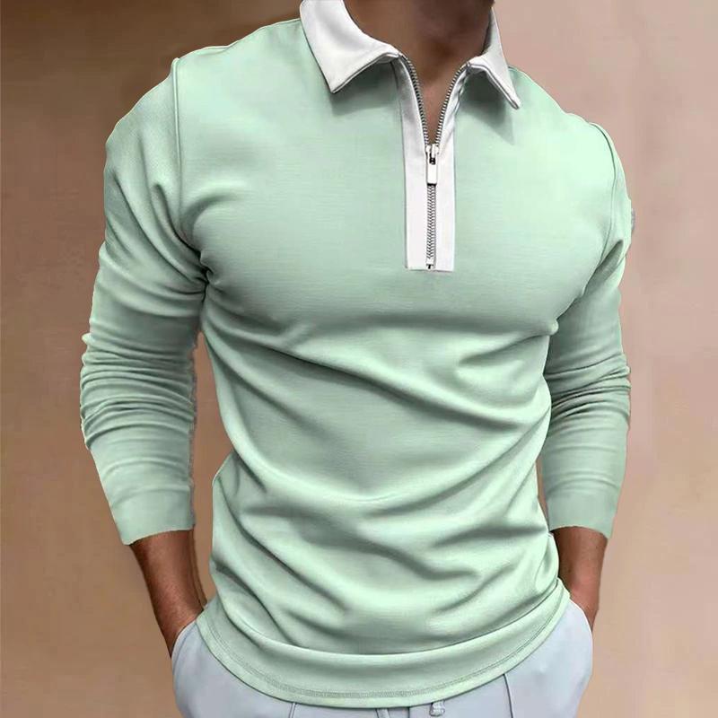 Mens Casual Color Block Zip Lapel Long Sleeve Polo Shirt 05045854Y