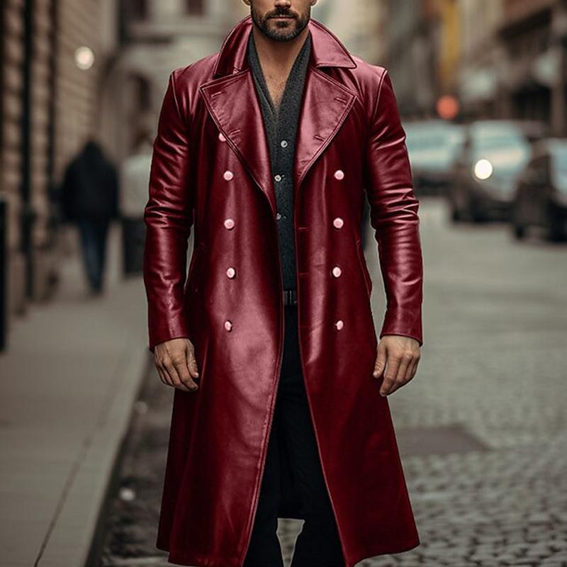 Mens Vintage Leather Solid Color Mid Length Leather Coat 35506675X
