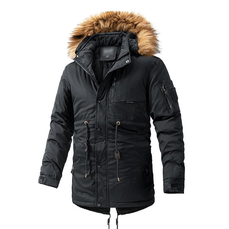 Mens Casual Outdoor Fleece Warm Hooded Fur Collar Mid-Length Parka Coat 52916289M
