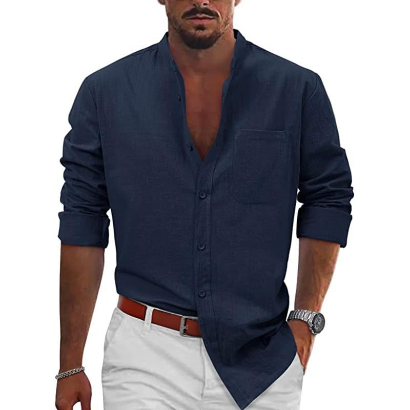 Mens Casual Solid Color Stand Collar Slim Cotton Linen Long Sleeve Shirt 71104955M