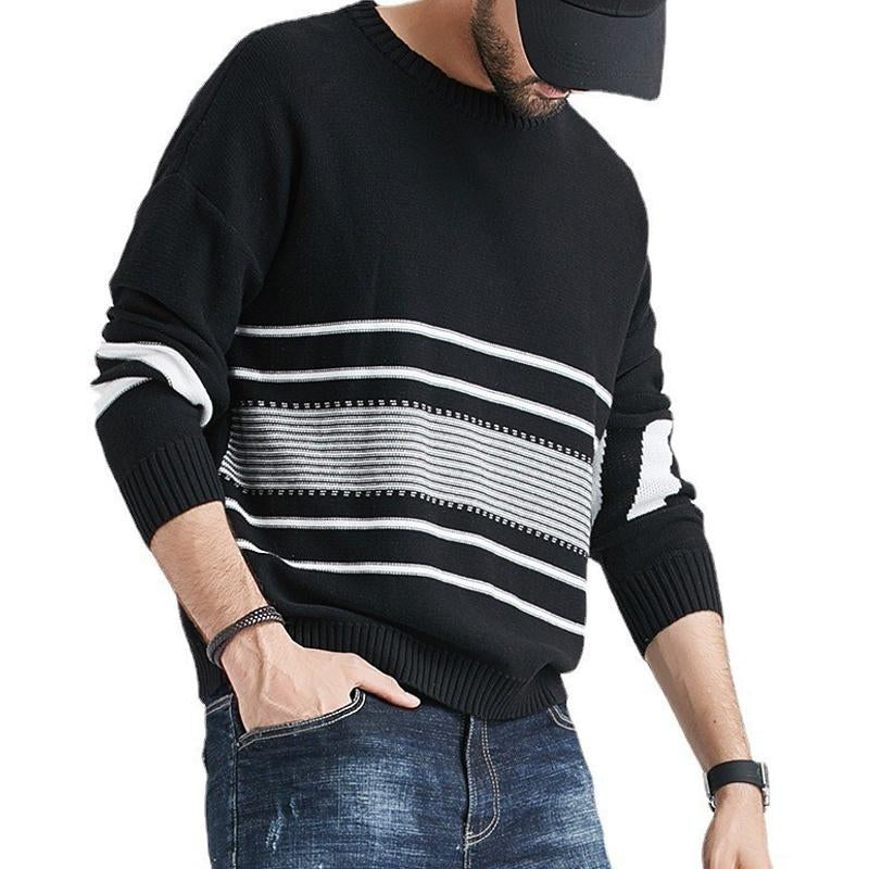 Mens Retro Striped Color Block Crew Neck Long Sleeve Sweater 89448655Y