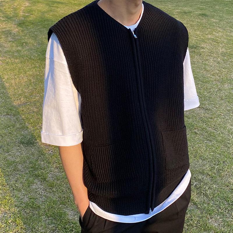 Mens Casual Solid Color Zipper Knit Sleeveless Vest 92594242Y