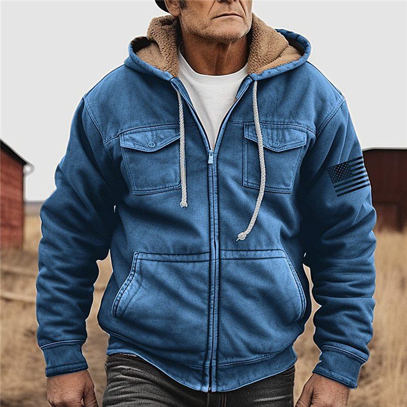 Mens Hooded Plush Multi-pocket Zipper Casual Jacket 34792238Z