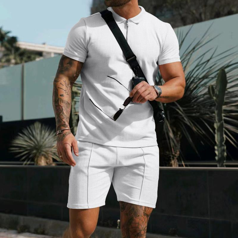 Mens Casual Waffle Solid Color Lapel Short Sleeve T-Shirt Shorts Set 42483174Y
