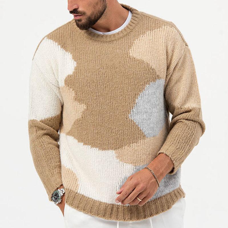 Mens Casual Colorbock Jacquard Round Neck Pullover Knitted Sweater 42836441M