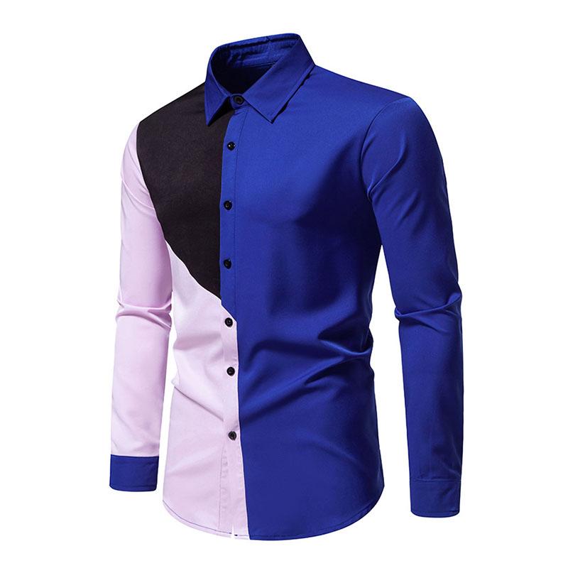 Mens Fashion Color Block Patchwork Lapel Long Sleeve Shirt 45869826M