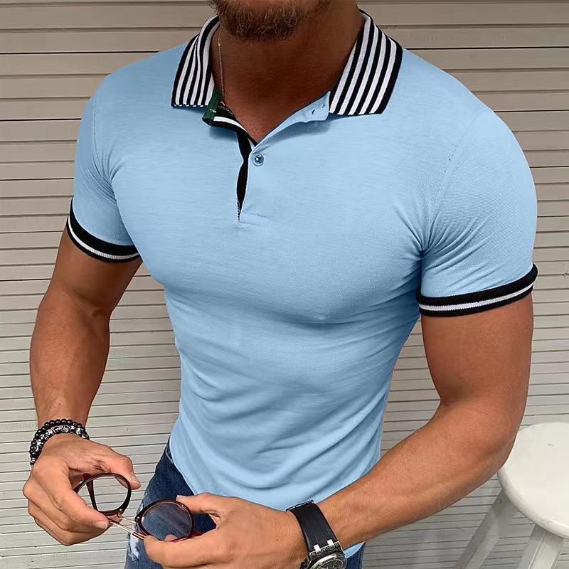 Mens Striped Lapel Solid Color Short Sleeve Polo Shirt 92056343Z
