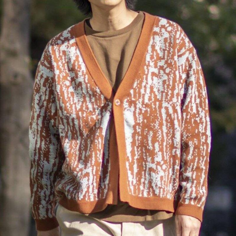 Mens Vintage V-Neck Thick Jacquard Knitted Cardigan 14694179M