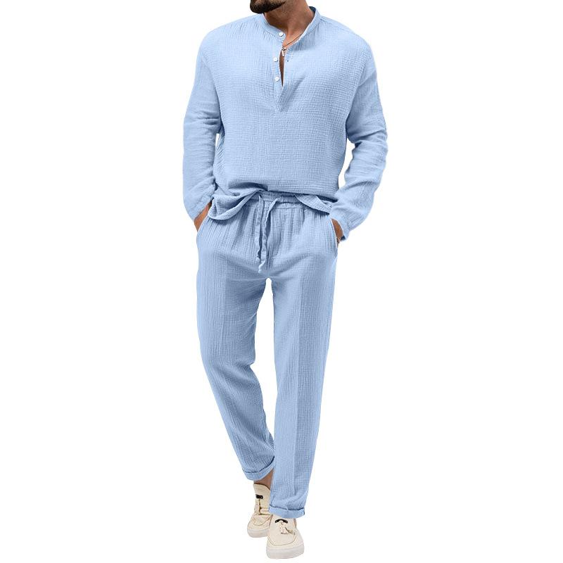 Mens Solid Loose Henley Collar Long Sleeve Shirt Trousers Set 26131708Z