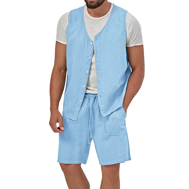 Mens Casual Loose Solid Color Sleeveless Vest Shorts Set 61445702X