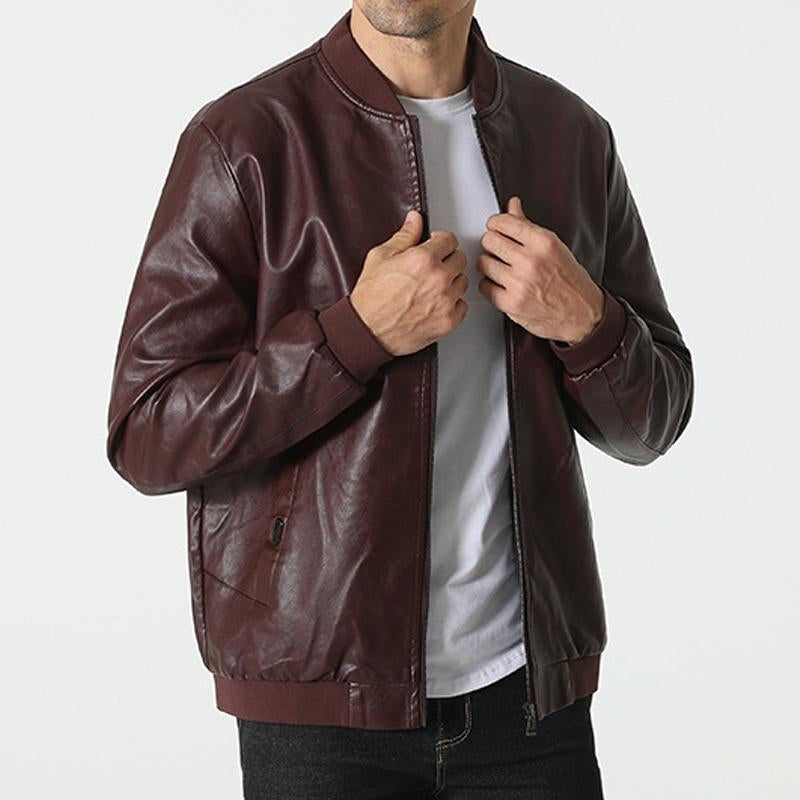 Mens Casual Solid Color Simple Baseball Collar Leather Jacket 75180694M