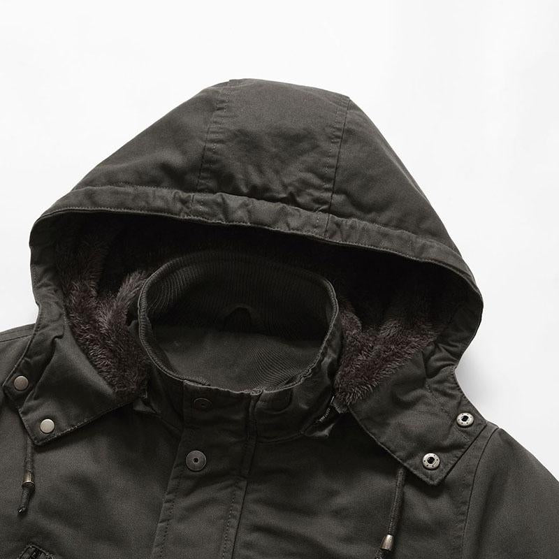 Mens Casual Cotton Multi-Pocket Hooded Zipper Fleece Lined Warm Mid-Length Coat 66242493M