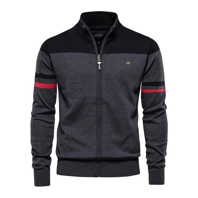 Mens Vintage Stand Collar Contrasting Color High Quality Knitted Zipper Cardigan 05346746M