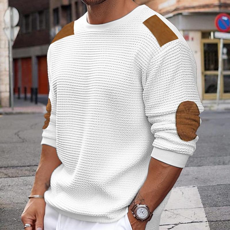 Mens Casual Round Neck Long Sleeve Patchwork Slim Pullover Knitted Sweater 02555996M