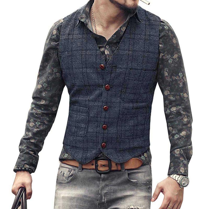 Mens Vintage V-Neck Single-Breasted Plaid Slim Fit Suit Vest 43635540M
