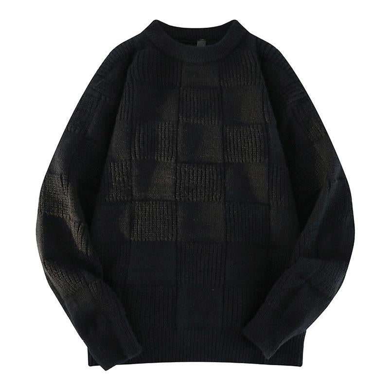 Mens Casual Solid Color Round Neck Plaid Texture Knitted Pullover Sweater 53899454M