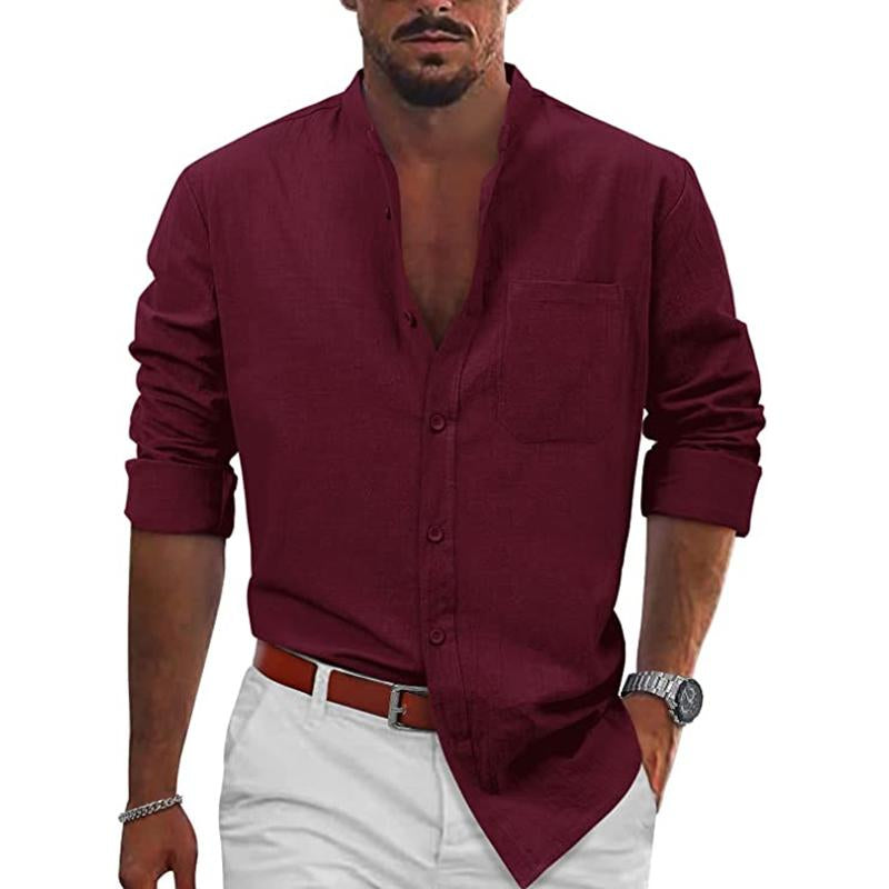 Mens Casual Solid Color Stand Collar Slim Cotton Linen Long Sleeve Shirt 71104955M