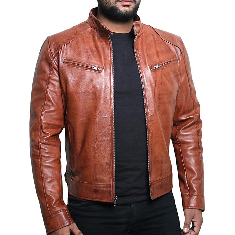 Mens Vintage Distressed Stand Collar Long Sleeve Leather Motorcycle Jacket 68509504M