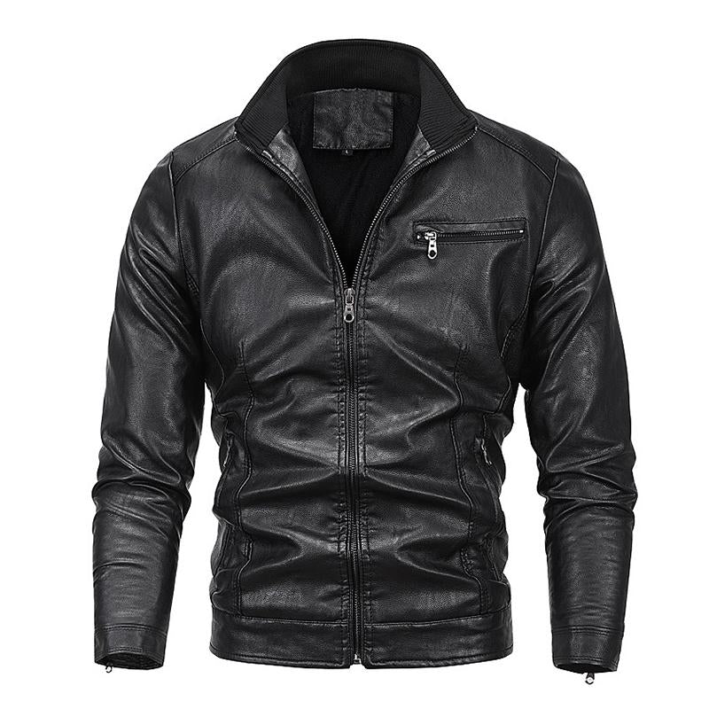 Mens Vintage Stand Collar Velvet Zipper Motorcycle Leather Jacket 80627391M