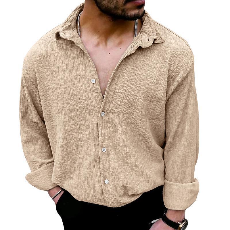 Mens Solid Loose Linen Lapel Long Sleeve Shirt 20359085Z