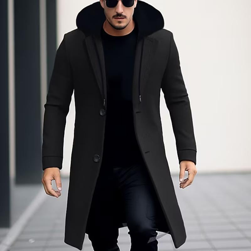 Mens Vintage Wool Blended Mid-Length Removable Hood Single-Breasted Coat 43596933M