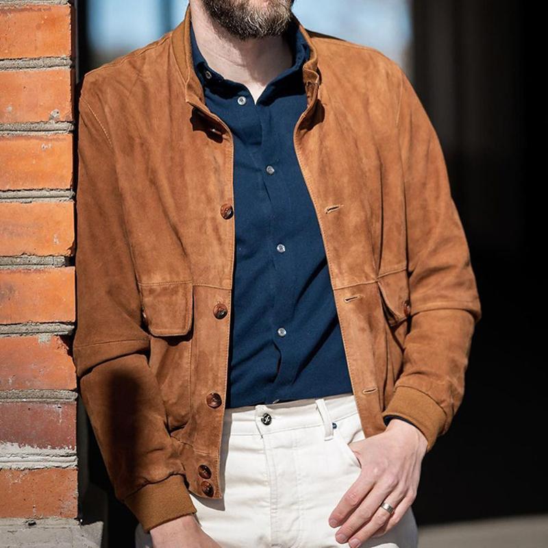 Mens Retro Casual Solid Color Pocket Stand Collar Jacket 55815525Y