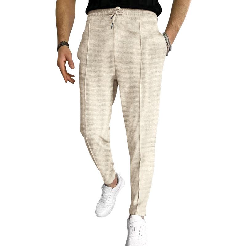Mens Solid Waffle Elastic Waist Slim Casual Trousers 33746822Z