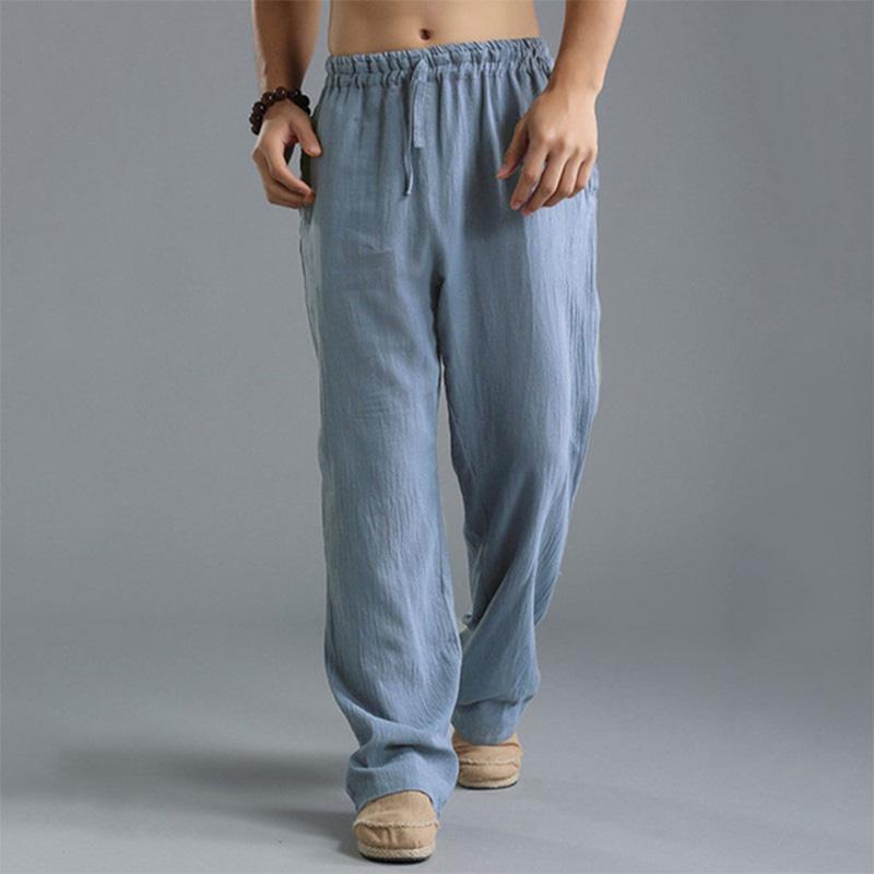 Mens Casual Loose Cotton Linen Breathable Elastic Waist Trousers 31442547M