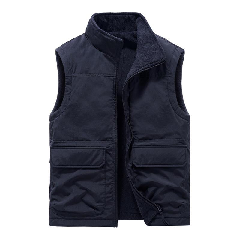 Mens Casual Outdoor Stand Collar Reversible Fleece Warm Multi-pocket Vest 10186640M