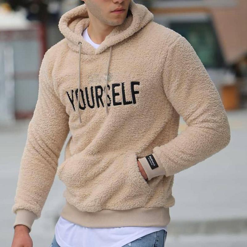 Mens Casual Polar Fleece Letter Embroidery Long Sleeve Hooded Sweatshirt 84452698Y