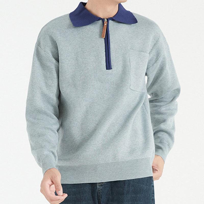 Mens Casual Colorblock Lapel Zipper Knitted Pullover Polo Sweater 69251354M