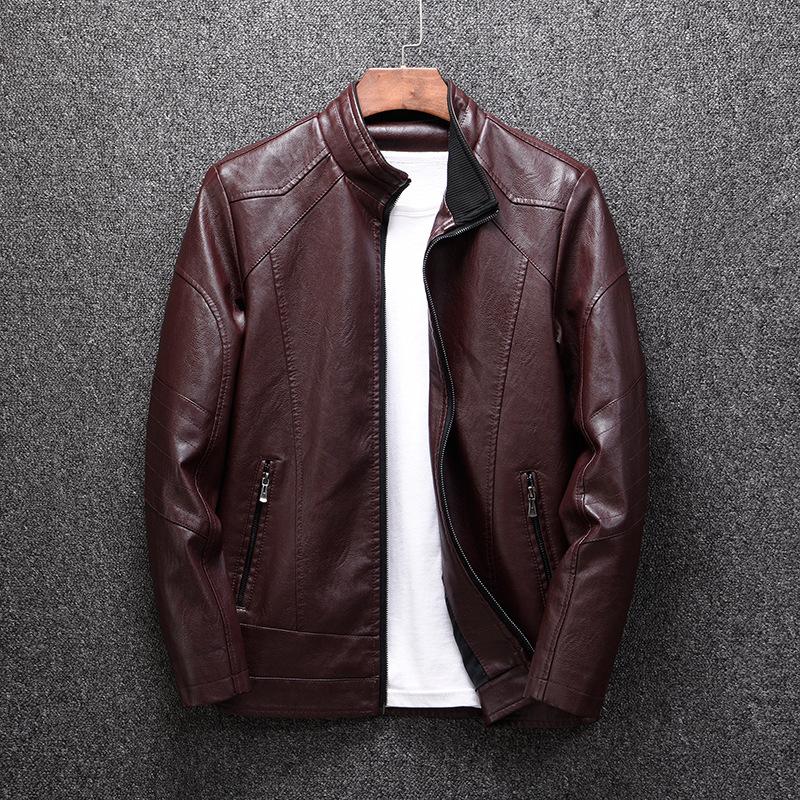 Mens Solid Color Stand Collar Leather Motorcycle Jacket 93017058X