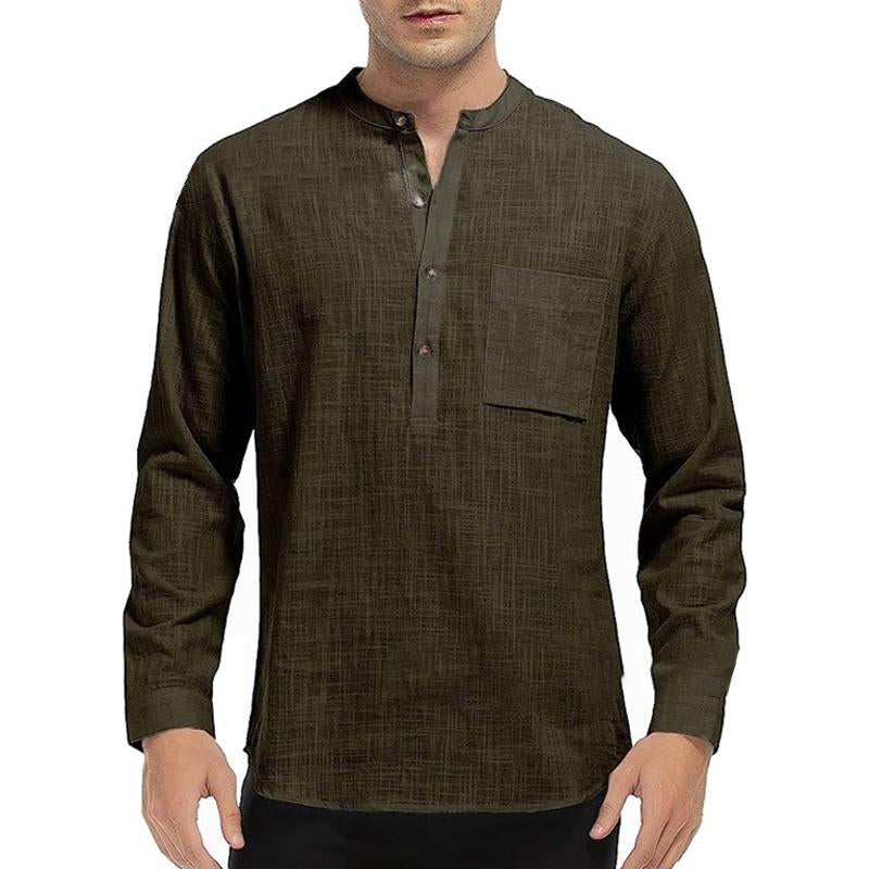 Mens Casual Solid Color Henley Collar Breast Pocket Long Sleeve Shirt 76513565Y