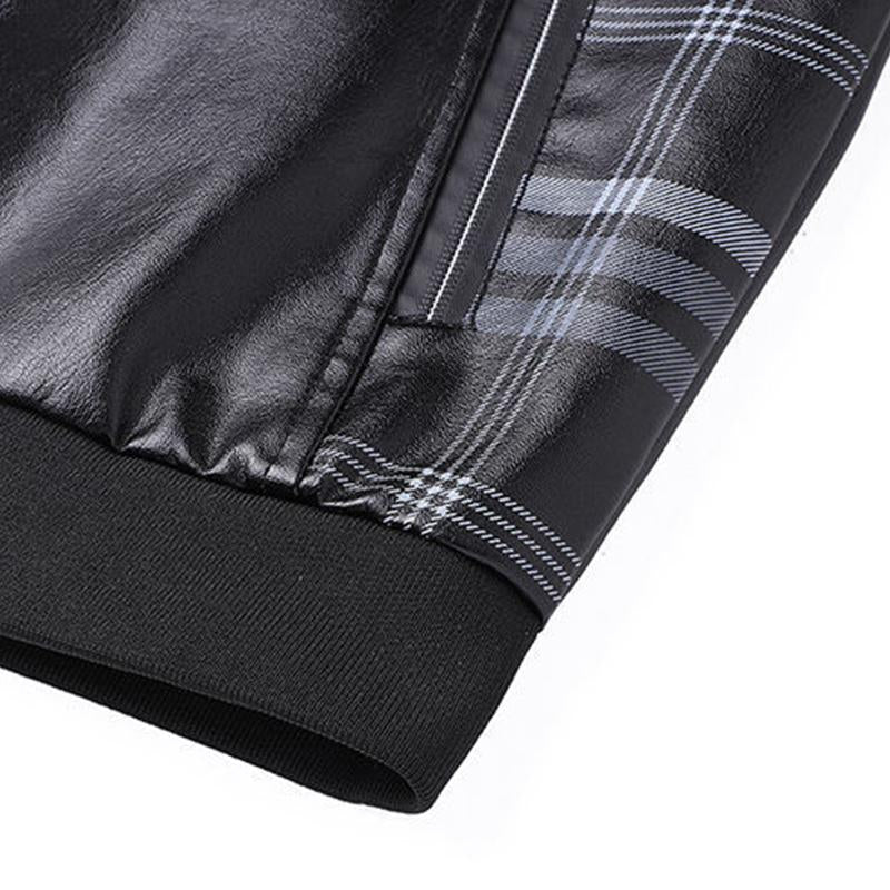 Mens Casual Stand Collar Plaid Stitching Loose Leather Jacket 92565825M