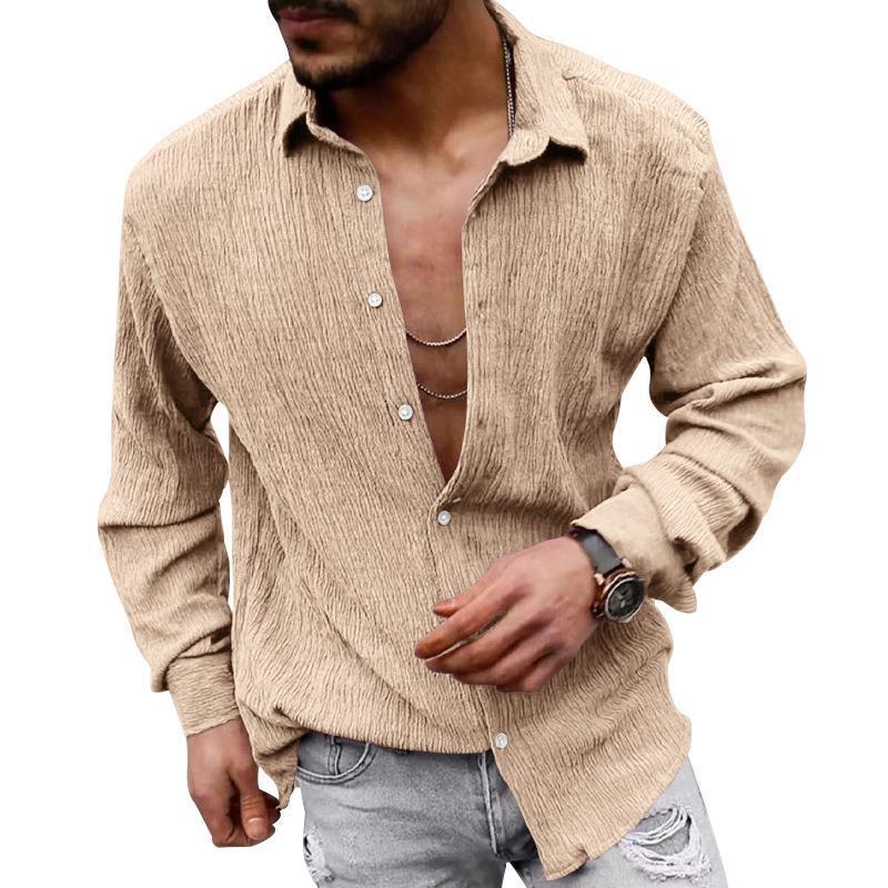 Mens Solid Loose Linen Lapel Long Sleeve Shirt 01526129Z
