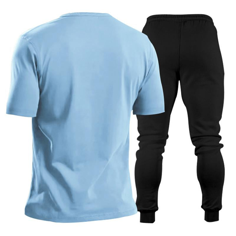Mens Solid Color V-neck Short-sleeved Trousers Sports Two-piece Set 83772586X